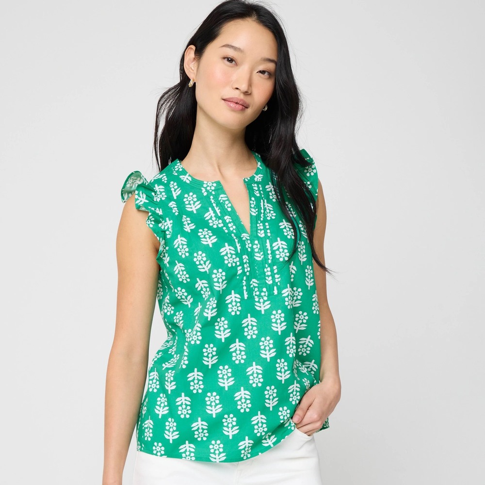 J.Crew Ruffle Sleeveless Top Womens Large Green Floral NWT CT015